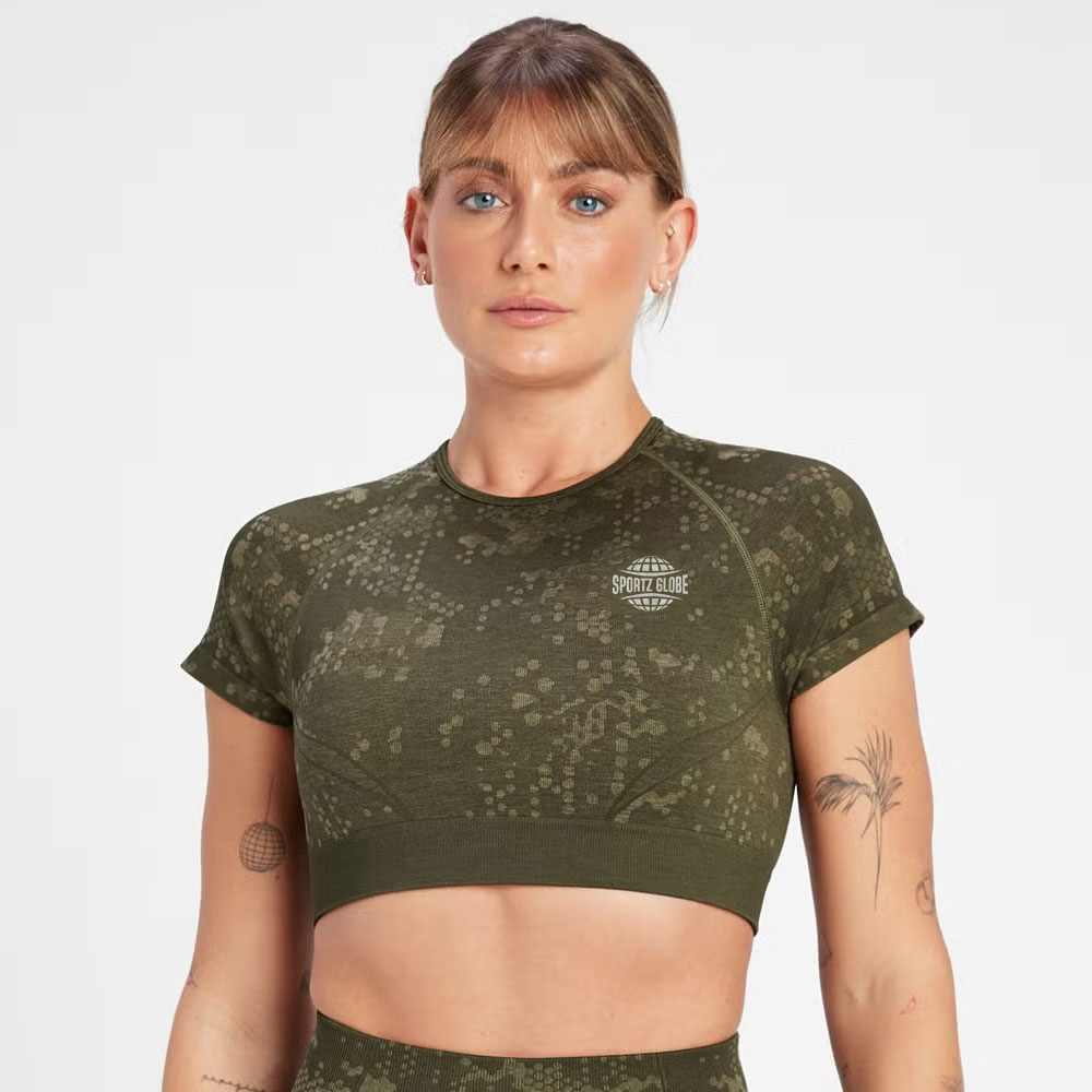 Seamless Pattern Crop Top – Olive Green